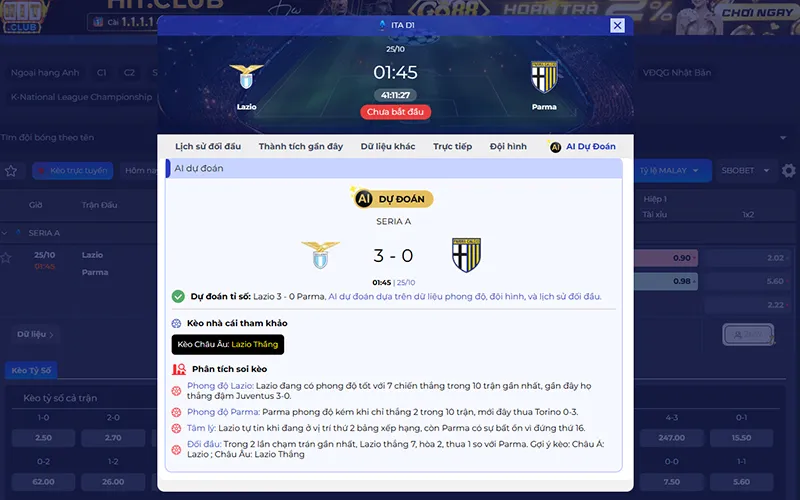 Dự đoán AI Lazio vs Parma 01h45 ngày 25/10/2026