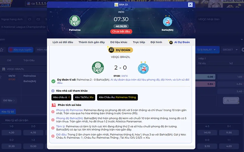 Dự đoán AI Palmeiras vs Bahia 07h30 ngày 09/10/2026